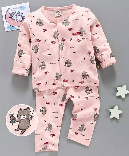 Brats and Dolls Full Sleeves Night Suit Bunny Print - Peach