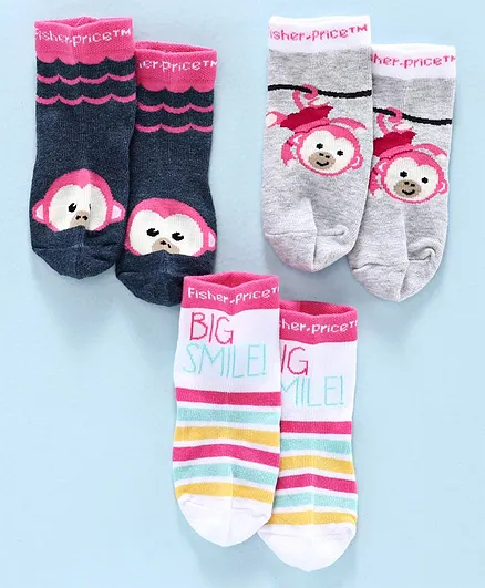 Bonjour Ankle Length Socks Monkey Design Pack of 3 - Navy Blue Grey Pink