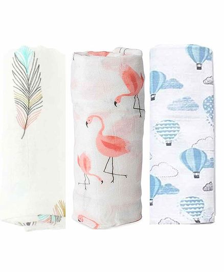 Elementary Organic Cotton Muslin Swaddle Wrapper Flamingo Feather & Hot Air Balloon Print Set of 3 - Pink & Blue