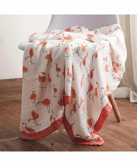 Elementary 100% Organic Muslin Cotton Reversible Dohar Blanket Flamingo Print - White & Pink
