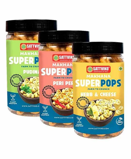 Sattviko Roasted Makhana Superpops Combo of 3 Peri Peri, Pudina, Herb N Cheese - 70 gm each