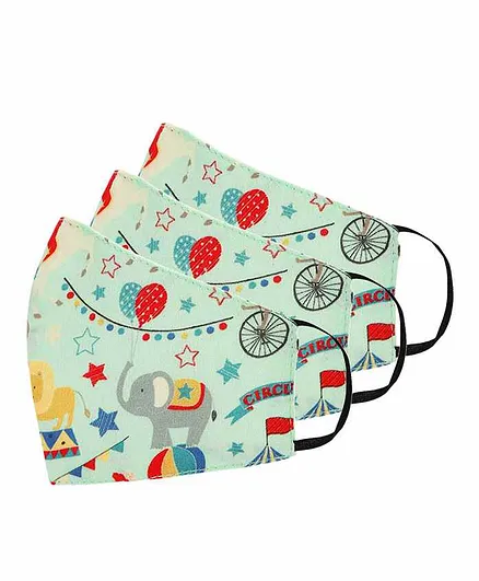 Tossido 2 to 7 Years Cotton Printed Resuable Masks Green - Pack of 3