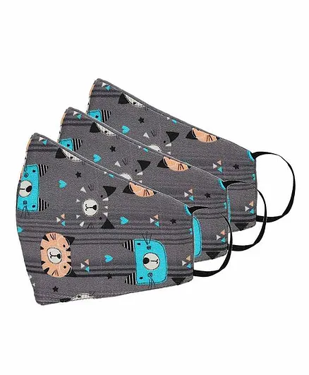 Tossido Cotton Printed Resuable Masks Animal Print Grey - Pack of 3