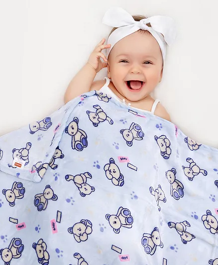 Babyhug Single Ply Mink Blanket Teddy Print - Blue