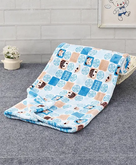 Babyhug Single Ply Mink Blanket Teddy & Hut Print - Blue