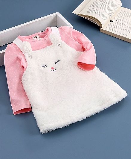 ToffyHouse Dungaree Style Frock With Inner Tee Kitty Print - Peach White