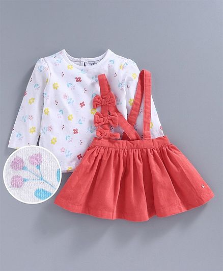 Babyoye Full Sleeves Floral Printed Cotton Tee & Corduroy Suspender Skirt - White Coral
