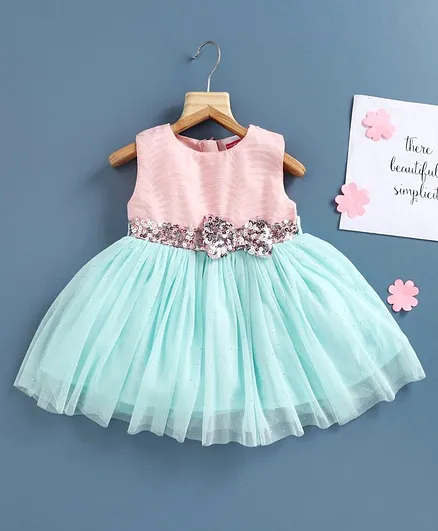 Babyhug Party Wear Sleeveless Frock Sequinned Bow Applique - Pink Sea Green