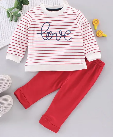 ToffyHouse Full Sleeves Striped Tee & Lounge Pant - Red