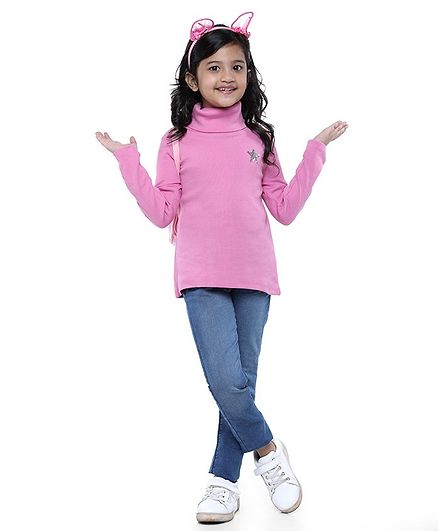Pine Kids Full Sleeves Biowashed Skivi Tee Sequinned Star Detailing - Pink