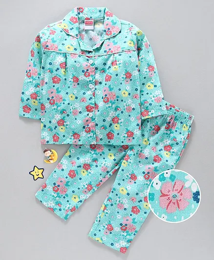 Babyhug Full Sleeves Night Suit Floral Print - Blue