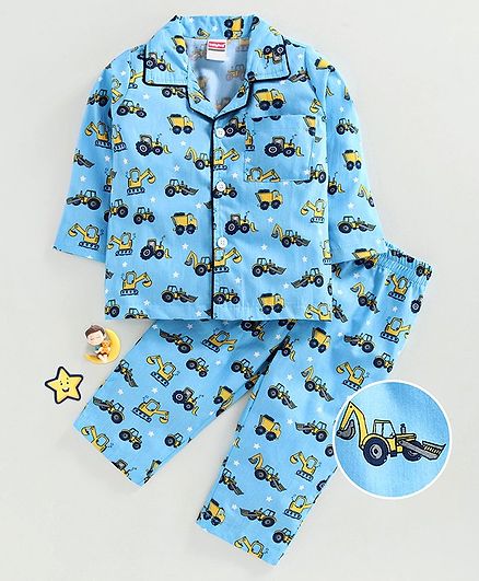 Babyhug Full Sleeves Woven Cotton Night Suit Vehicle Print - Blue