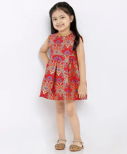 Babyhug Sleeveless Ethnic Brocade Dress - Red