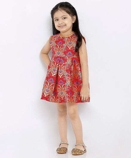 Babyhug Sleeveless Ethnic Brocade Dress - Red