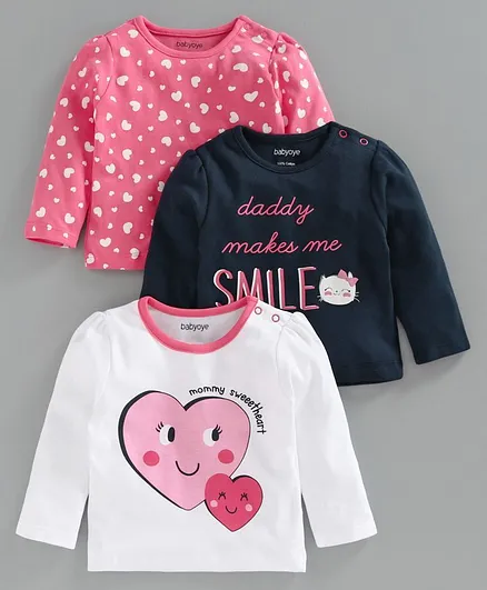 Babyoye 100% Cotton Full Sleeves Tees Multiprint Pack of 3 - Pink White Navy Blue