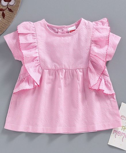 Babyhug Short Sleeves Check Frock Style Top - Pink White