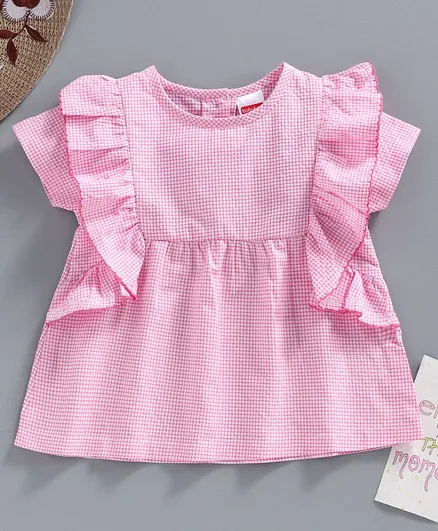 Babyhug Short Sleeves Check Frock Style Top - Pink White