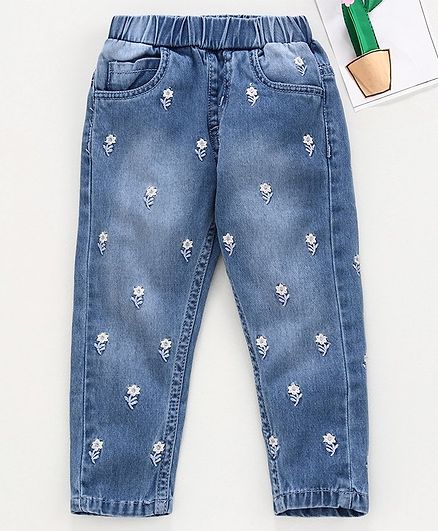Babyhug Full Length Jeans Floral Embroidery - Light Blue