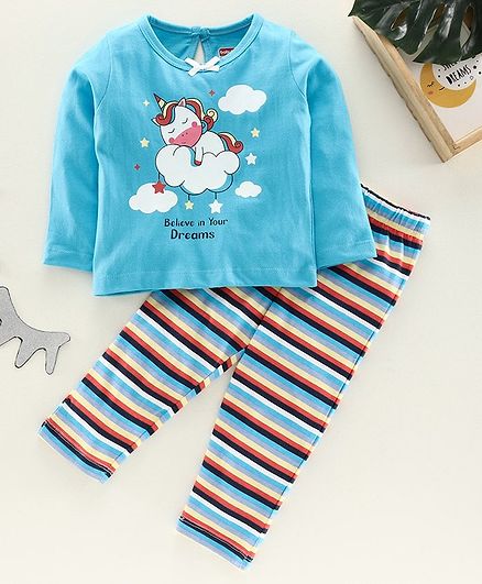 Babyhug Full Sleeves Night Suit Unicorn Print - Blue Grey White