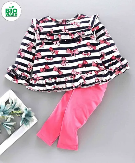 Babyoye Full Sleeves Top & Bottom Butterfly Print - Navy Pink