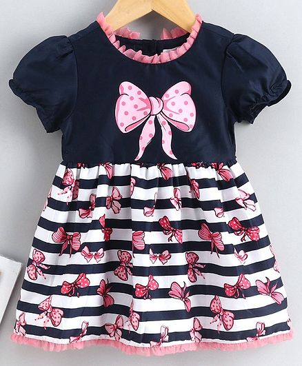 Babyoye Cap Sleeves Cotton Frock Bow Print - Navy Pink