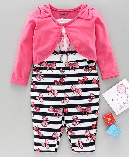 Babyoye Stripe Jumpsuit With Full Sleeves Shrug Bow Print & Applique - Pink White