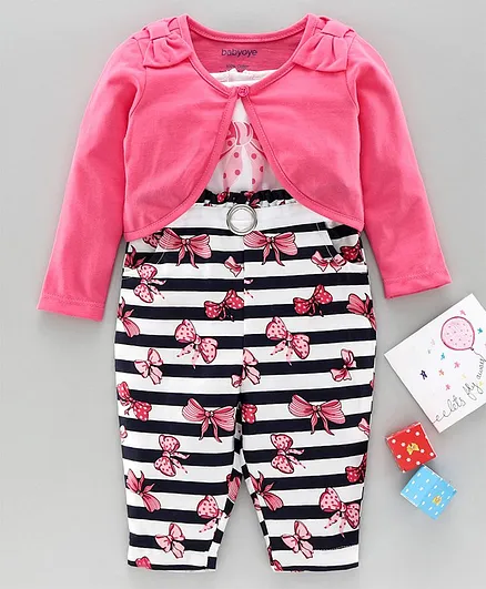 Babyoye Stripe Jumpsuit With Full Sleeves Shrug Bow Print & Applique - Pink White