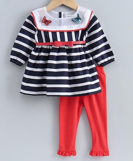 Babyoye Full Sleeves Striped Frock with Legging - Red Black