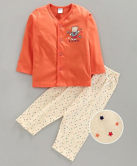 Tango Full Sleeves Night Suit Teddy Print - Orange