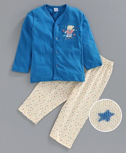 Tango Full Sleeves Night Suit Teddy Print - Blue
