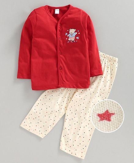 Tango Full Sleeves Night Suit Teddy Print - Red White