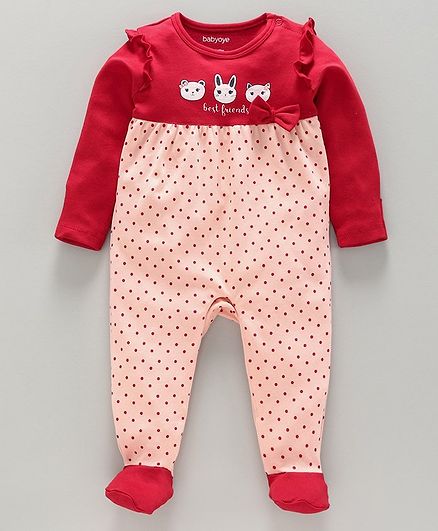 Babyoye Full Sleeves Footed Sleepsuit Polka Dot - Red Pink