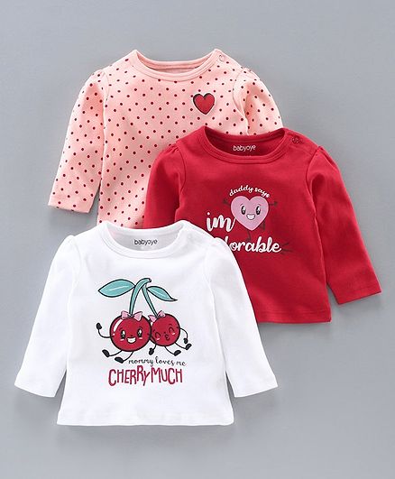 Babyoye Full Sleeves Printed T-Shirt Pack of 3 - Pink White Red