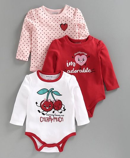 Babyoye Full Sleeves Onesie Cherry Print Pack of 3 - Red Pink White