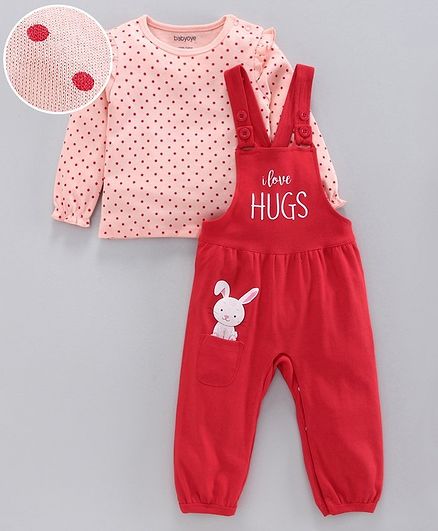 Babyoye Dungaree with Full Sleeves Inner Tee Polka Dot Print - Pink