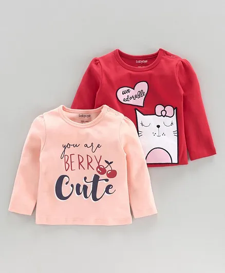 Babyoye Full Sleeves Tee Text & Kitty Print - Red Pink