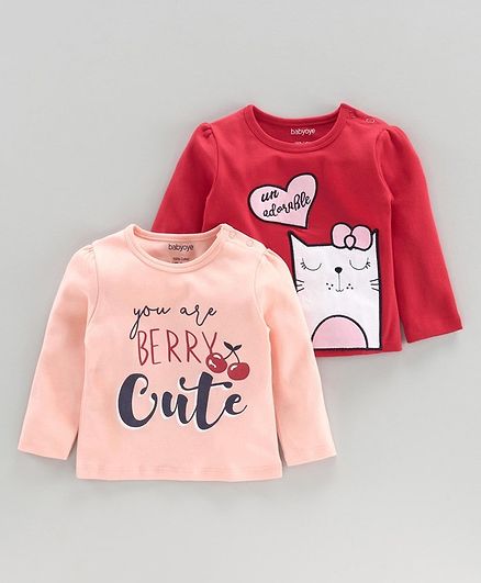 Babyoye Full Sleeves Tee Text & Kitty Print - Red Pink