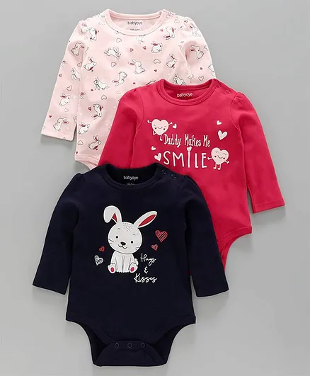 Babyoye Full Sleeves Onesies Bunny Print Pack of 3 - Navy Blue Pink Red