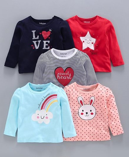 Babyoye Full Sleeves Tees Multiprint Pack of 5 - Multicolour