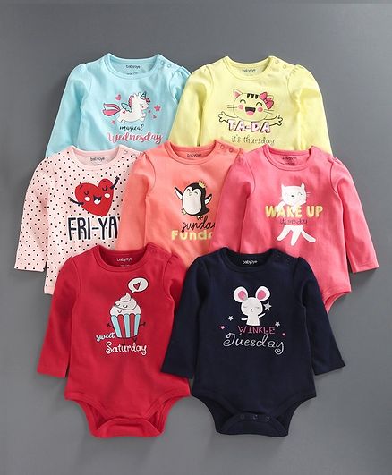Babyoye Cotton Full Sleeves Printed Onesie Pack of 7 - Multicolor
