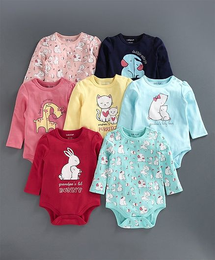 Babyoye Full Sleeve Bodysuits Pack Of 7 - Red Blue Pink