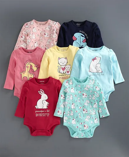 Babyoye Full Sleeve Bodysuits Pack Of 7 - Red Blue Pink