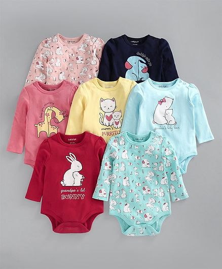 Babyoye Full Sleeves Onesie Animal Print Pack of 7 - Red Blue Yellow Pink