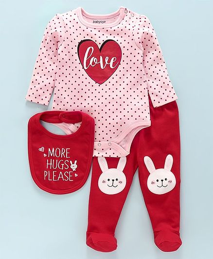 Babyoye Full Sleeves Onesie with Bootie Legging and Bib - Pink