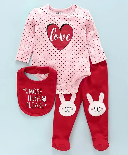 Babyoye Full Sleeves Onesie with Bootie Legging and Bib - Pink