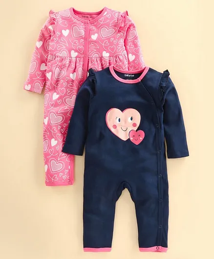 Babyoye Full Sleeves Rompers Heart Print Pack of 2 - Pink Navy Blue