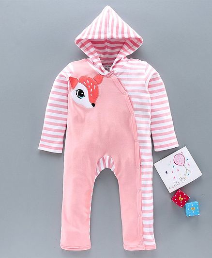 Babyoye Cotton Full Sleeves Hooded Romper Deer Embroidered - Coral
