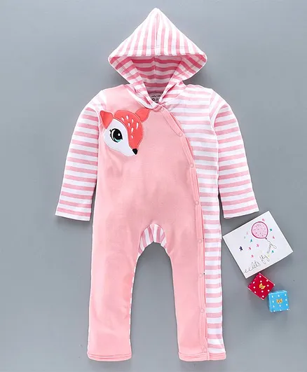 Babyoye Cotton Full Sleeves Hooded Romper Deer Embroidered - Coral