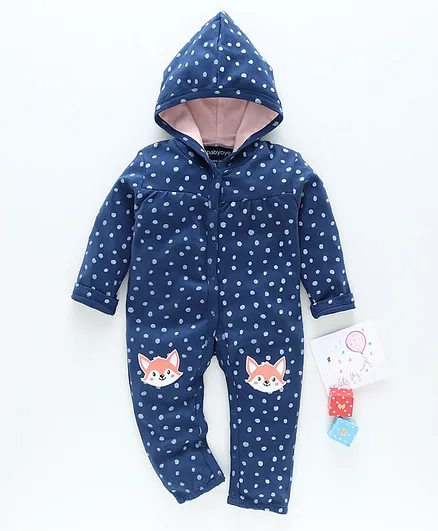 Babyoye Full Sleeves Hooded Romper Fox Print - Blue
