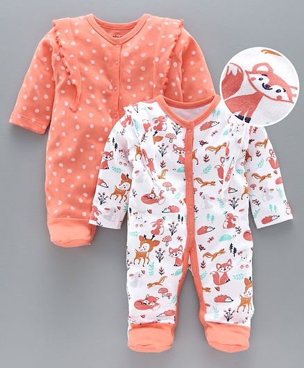 Babyoye Footed Sleep Suits Pack Of 2 - Coral White
